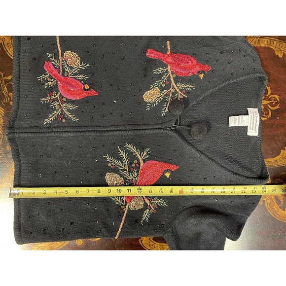 VTG Tiara International Christmas Gay Cardinal Zip Cardigan Black Red Sequin XL - Picture 11 of 12